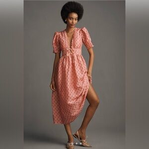 LOVAAN Boehm Vneck Puff Sleeve Silk-Linen Midi Dress Anthropologie NWT Size 4